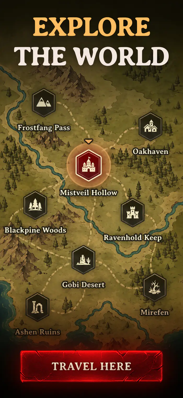 A Fablia world map with pins for Frostfang Pass, Oakhaven, Mistveil Hollow, Blackpine Woods, Ravenhold Keep and Gobi Desert.