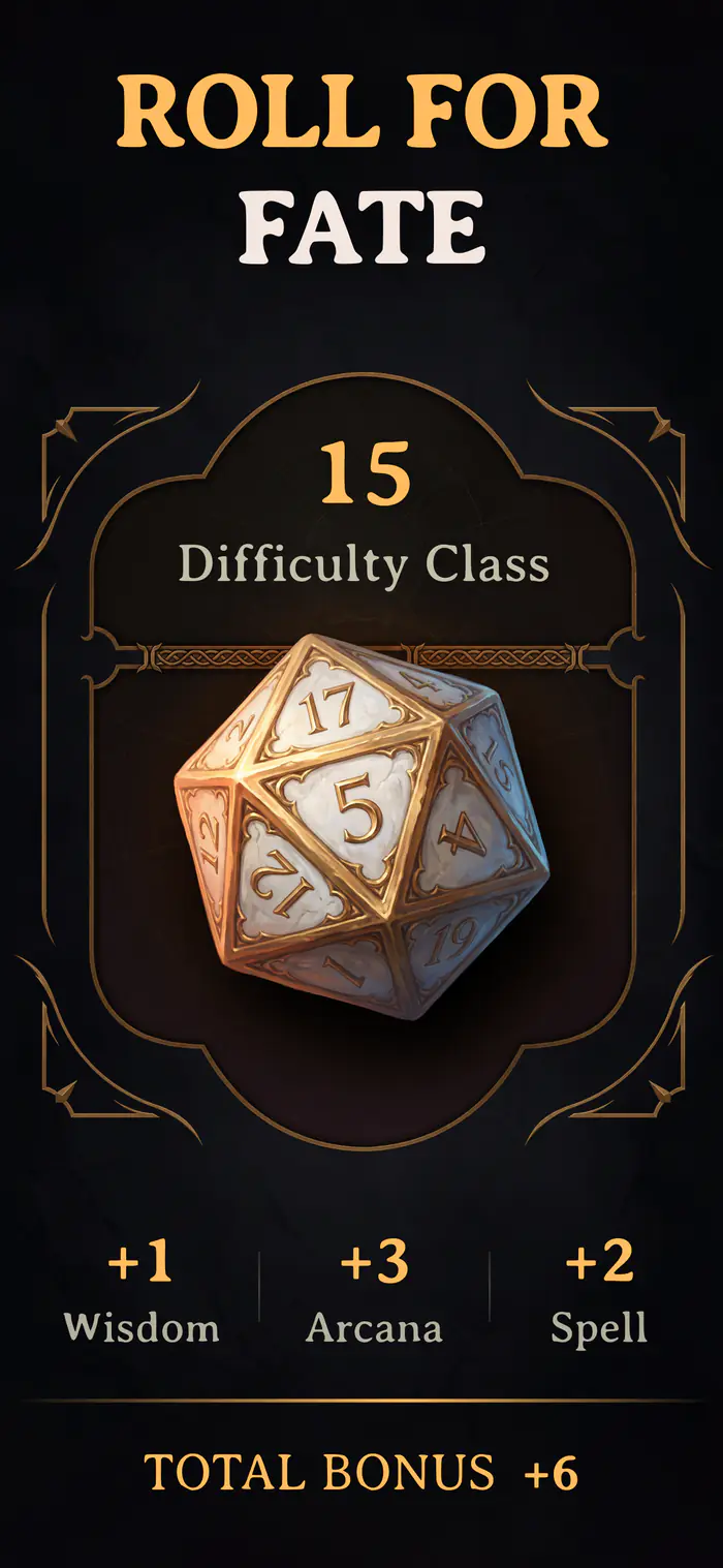A Fablia dice check: Difficulty Class 15, a d20, and +1 Wisdom, +3 Arcana, +2 Spell bonuses.